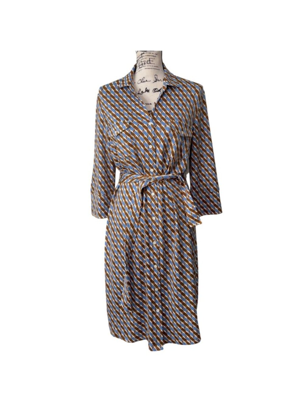 J. McLaughlin Womens Size L Shirt Dress Belted Button-Up Geometric Blue Brown - Picture 1 of 8